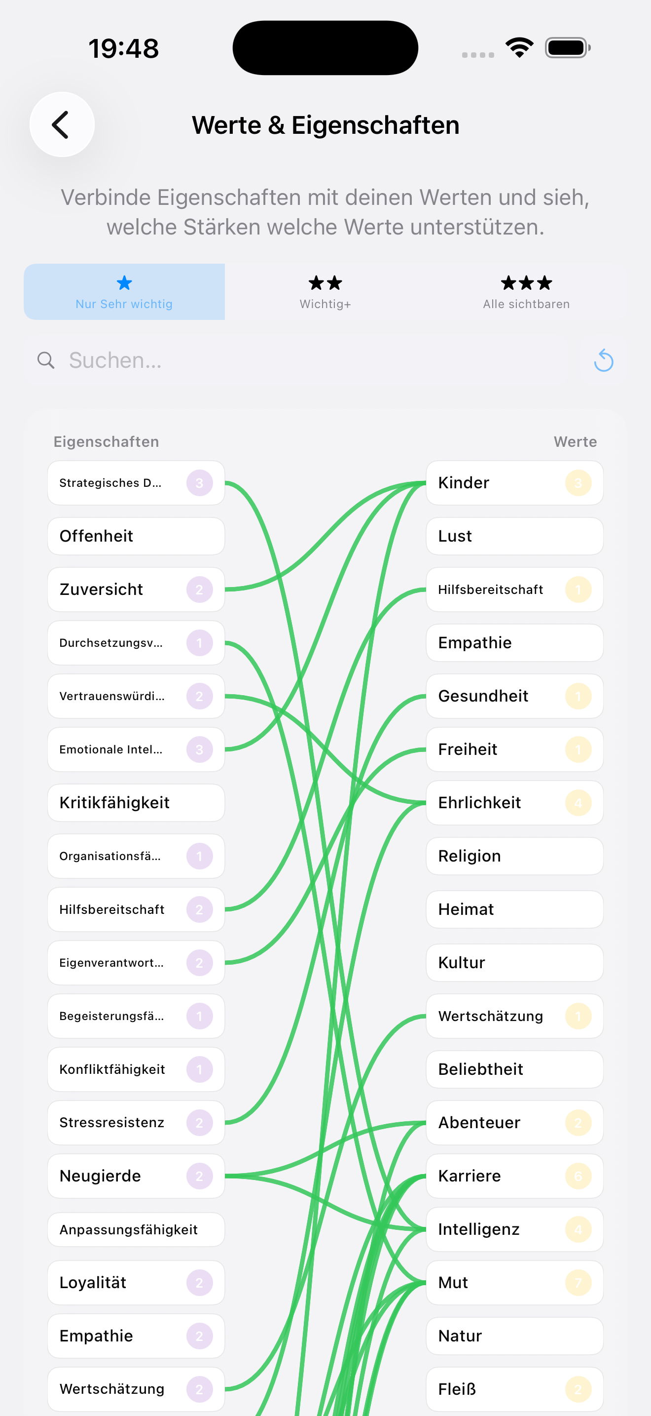 Screenshot: Sankey-Diagramm – Werte und Eigenschaften verbinden